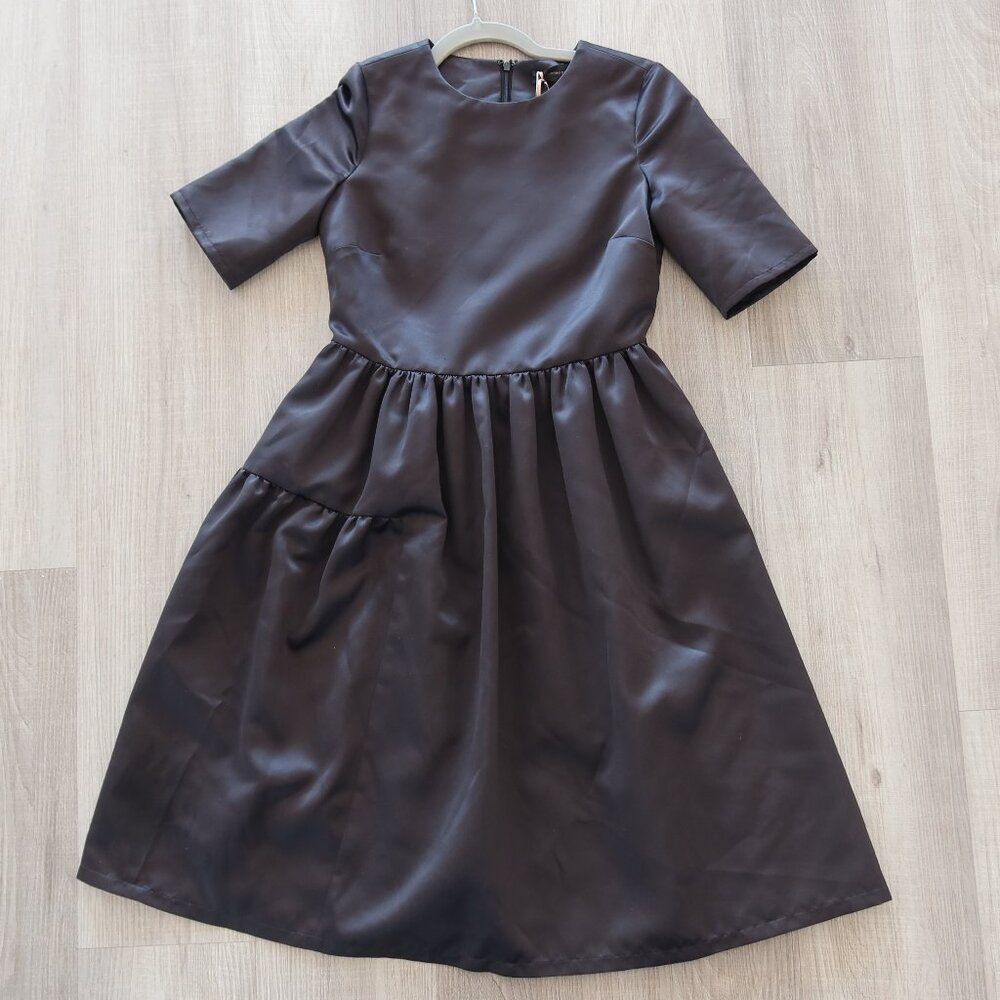 NWT ALESSANDRO DELLACQUA black satin midi dress flare 3/4 sleeve 6 ITALY formal